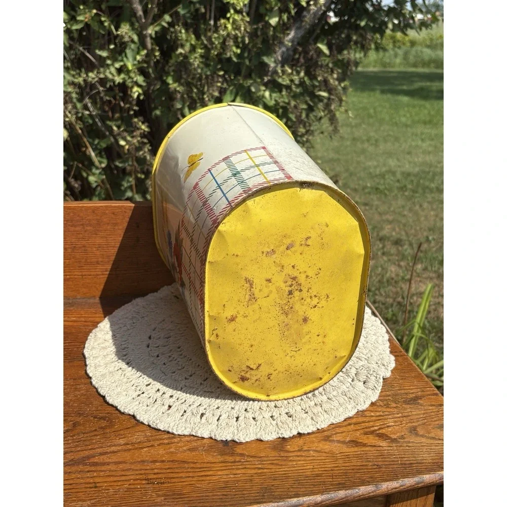 Vtg Mid Century Metal Trash Can Waste Basket Yellow Red White Floral Plaid 11.5